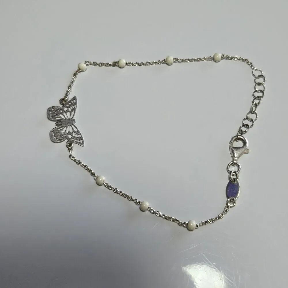 Vintage Dyadema Sterling Silver Butterfly Bracelet White Bead 6.5-7.5
